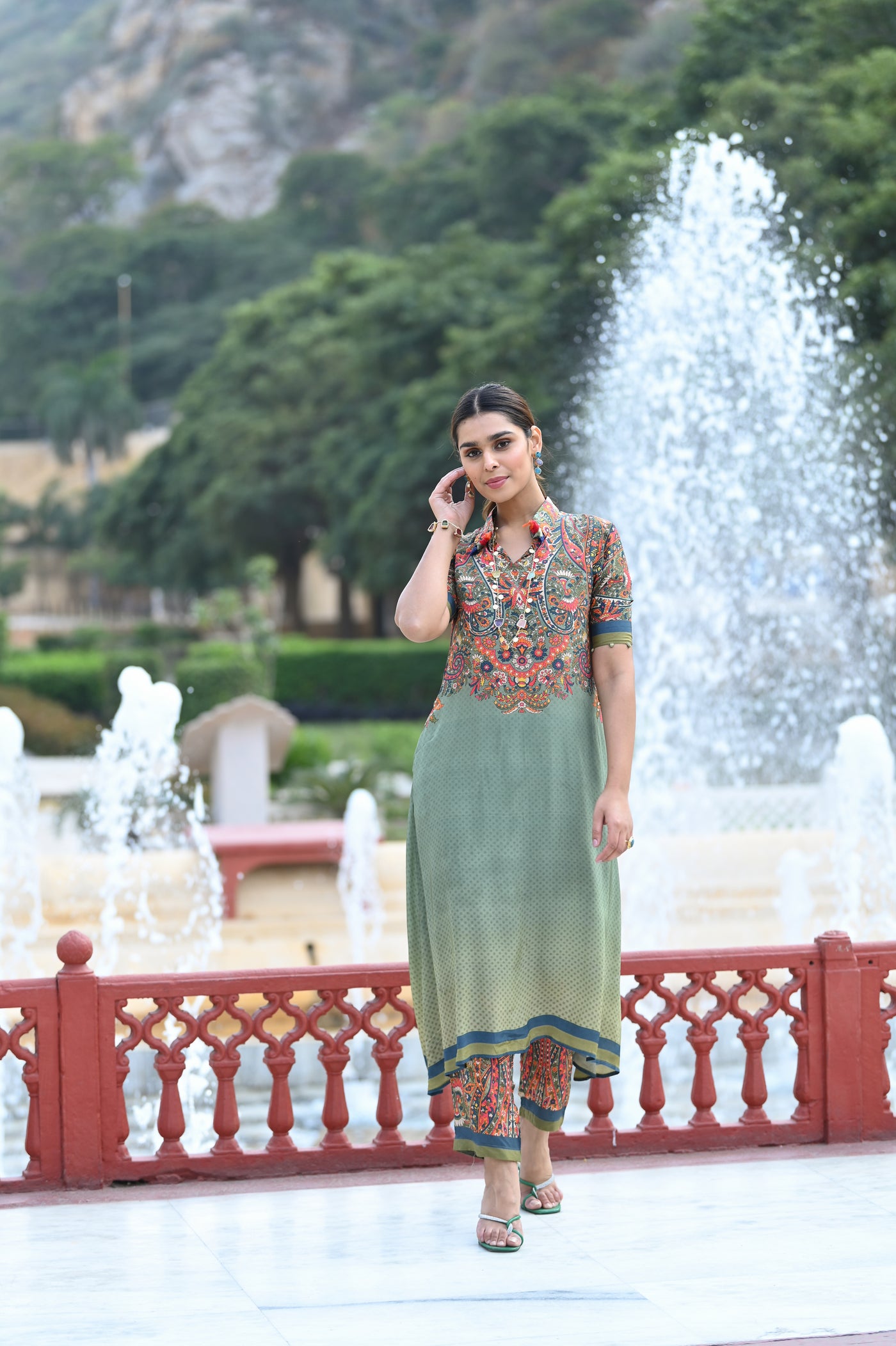 Green Paisley Print Coordinated Kurta Set