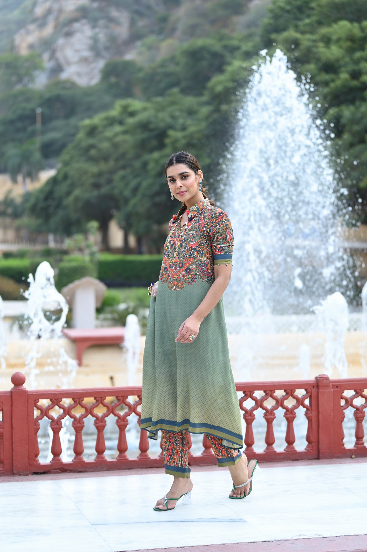 Green Paisley Print Coordinated Kurta Set