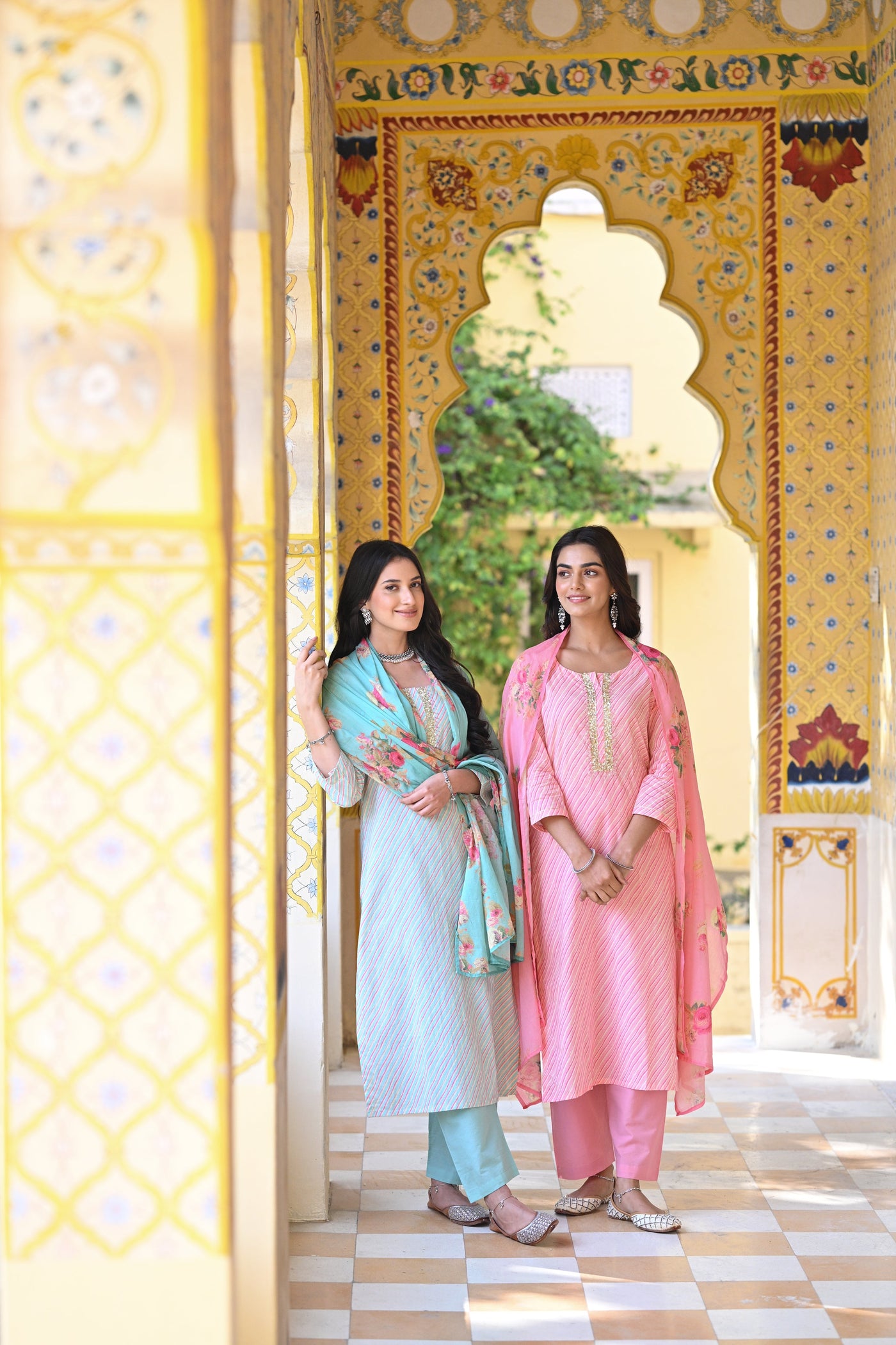 Pink Lehariya With Sequence Work on Neck and Floral Dupatta Mul Cotton Suit Set