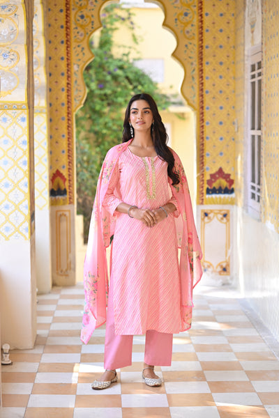 Pink Lehariya With Sequence Work on Neck and Floral Dupatta Mul Cotton Suit Set