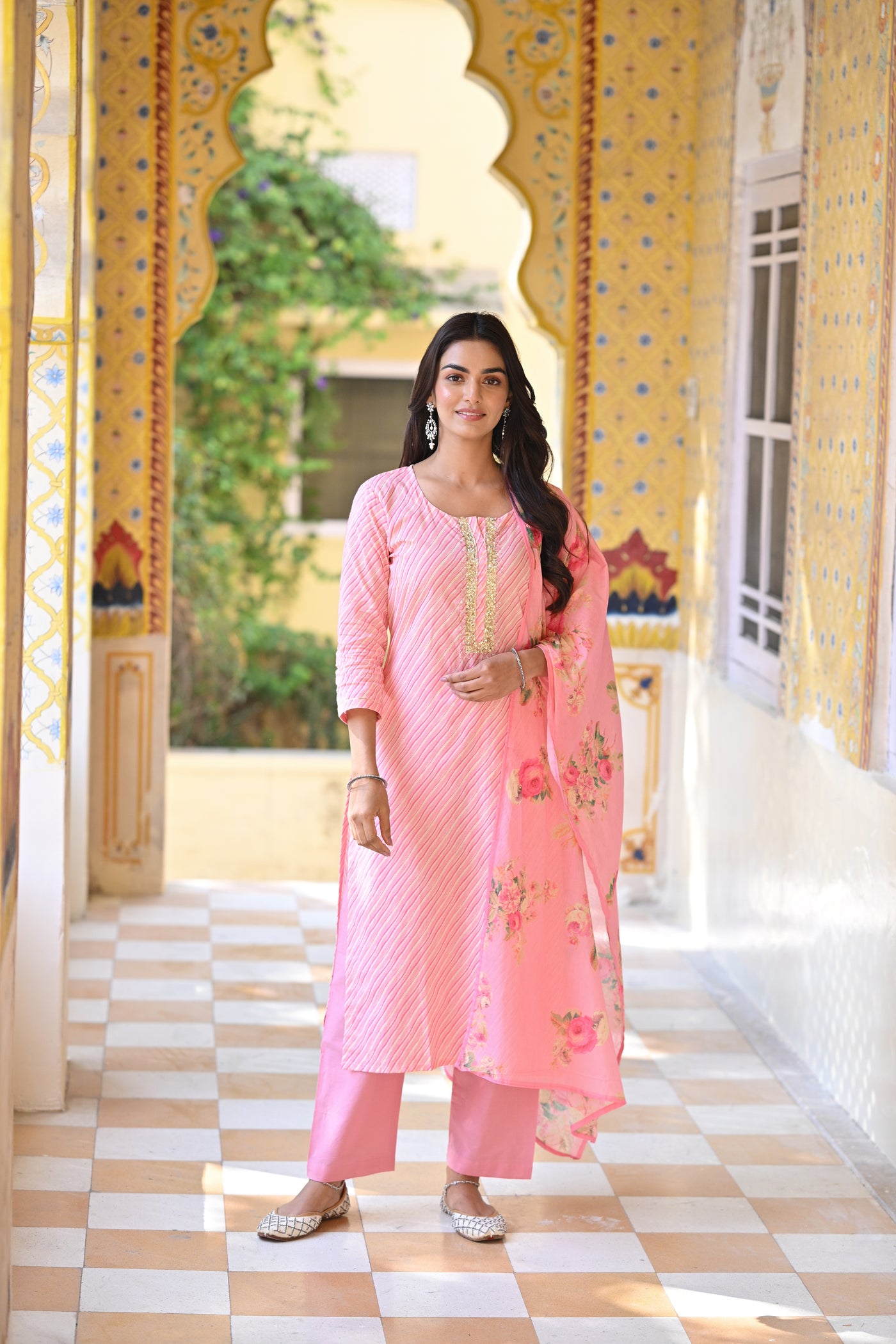 Pink Lehariya With Sequence Work on Neck and Floral Dupatta Mul Cotton Suit Set