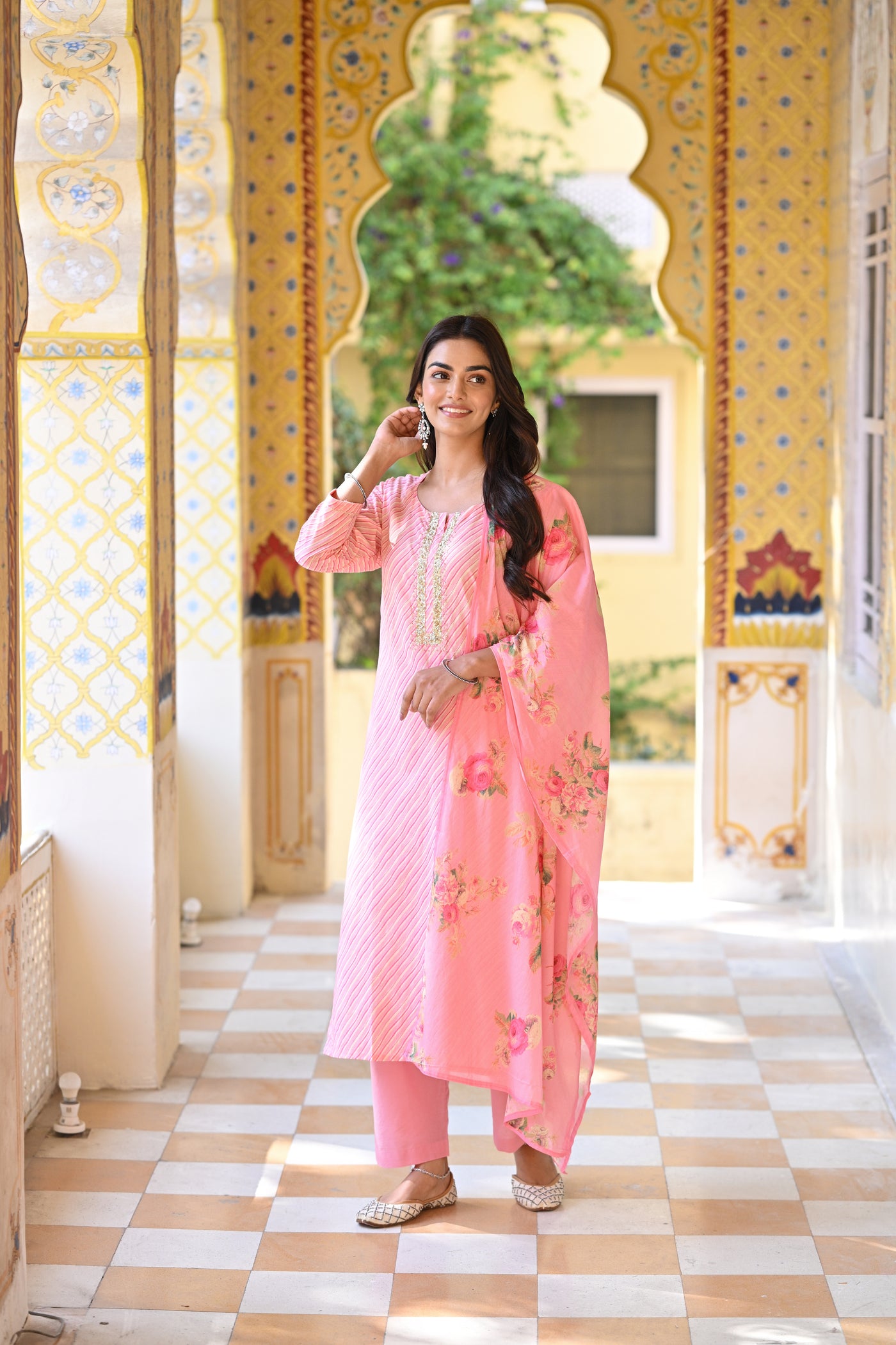 Pink Lehariya With Sequence Work on Neck and Floral Dupatta Mul Cotton Suit Set