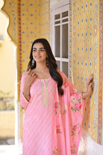 Pink Lehariya With Sequence Work on Neck and Floral Dupatta Mul Cotton Suit Set