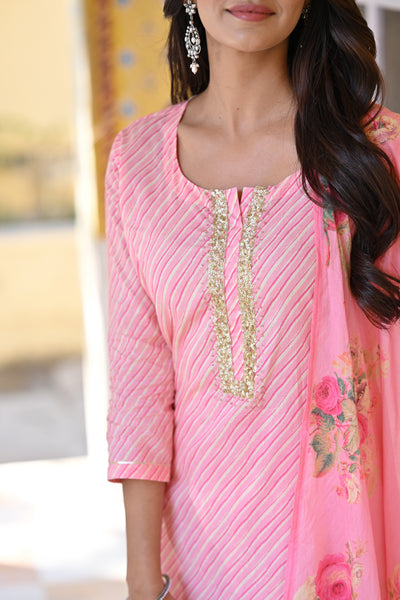 Pink Lehariya With Sequence Work on Neck and Floral Dupatta Mul Cotton Suit Set