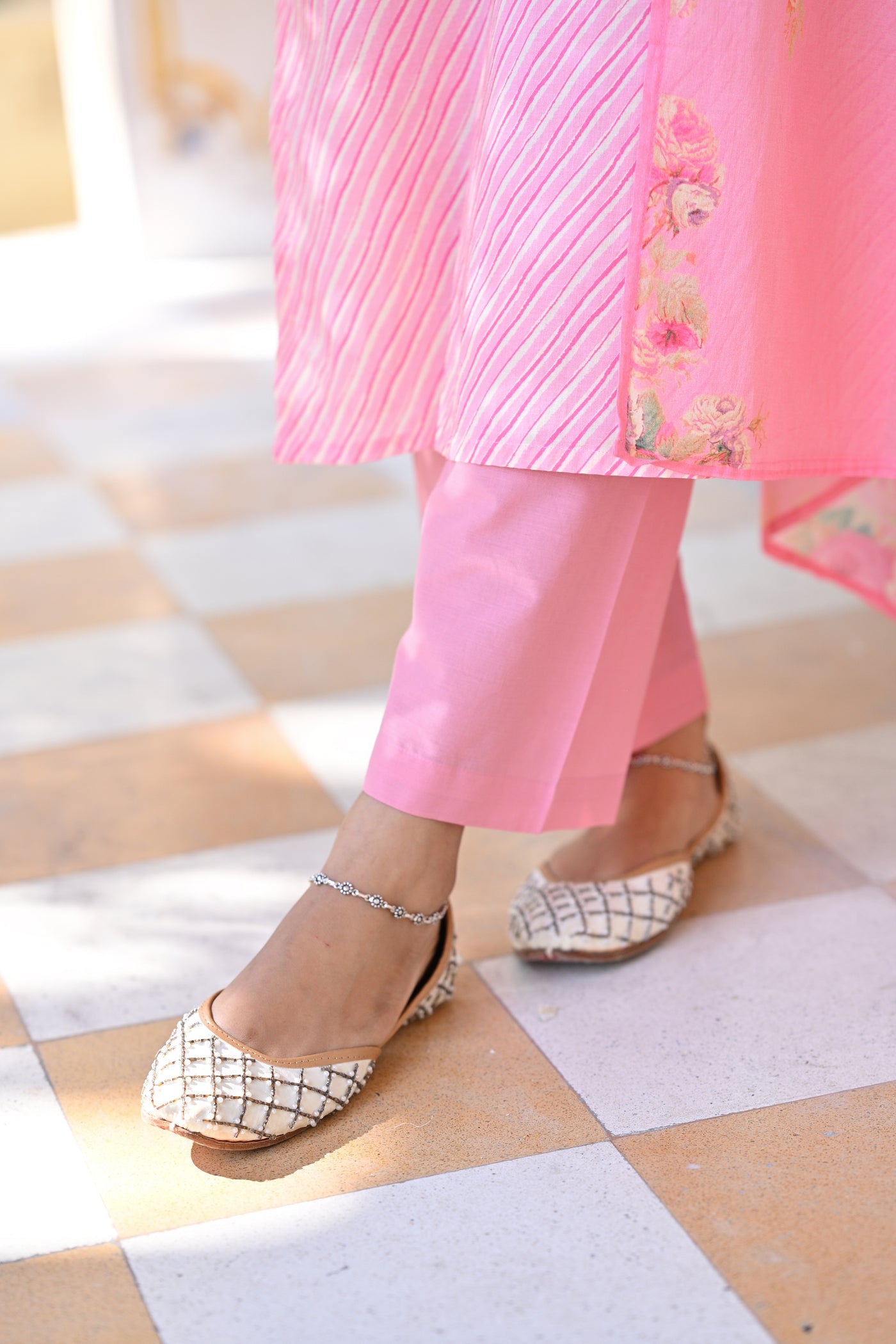 Pink Lehariya With Sequence Work on Neck and Floral Dupatta Mul Cotton Suit Set