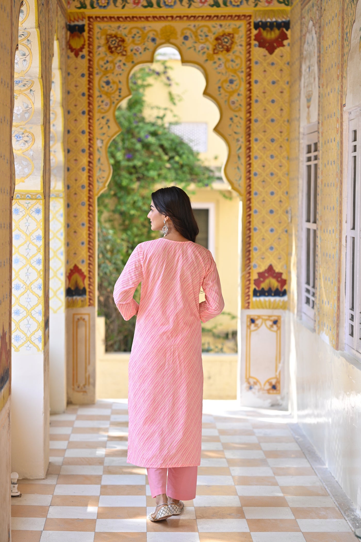 Pink Lehariya With Sequence Work on Neck and Floral Dupatta Mul Cotton Suit Set