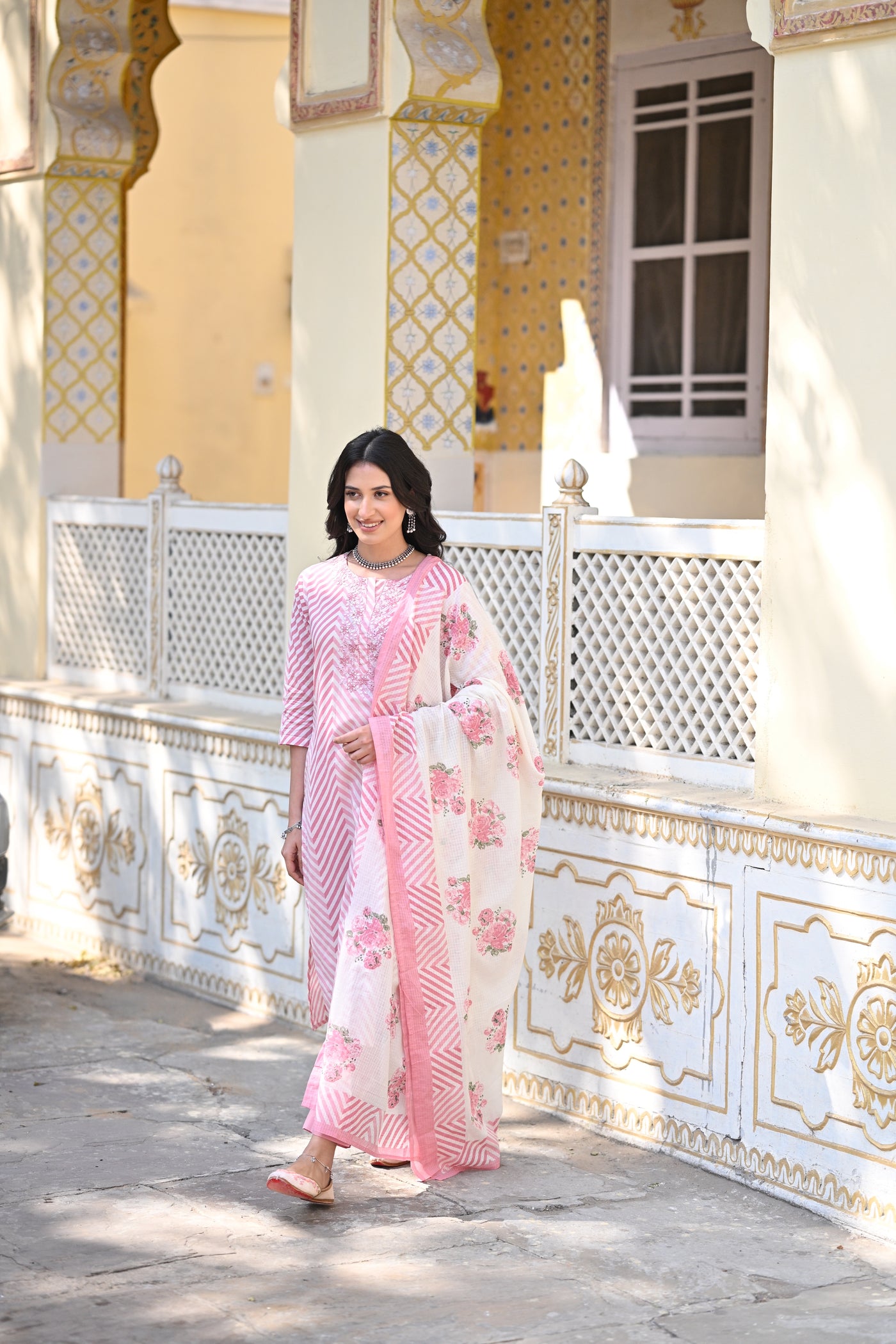 Pink Izra Zigzag Cotton Suit Set with Thread work and Floral Print Kota Doriya Cotton Dupatta