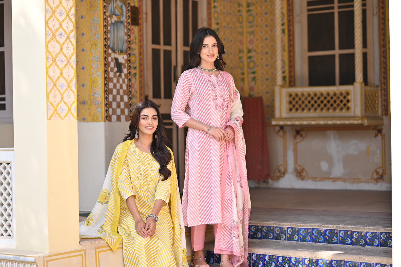 Pink Izra Zigzag Cotton Suit Set with Thread work and Floral Print Kota Doriya Cotton Dupatta