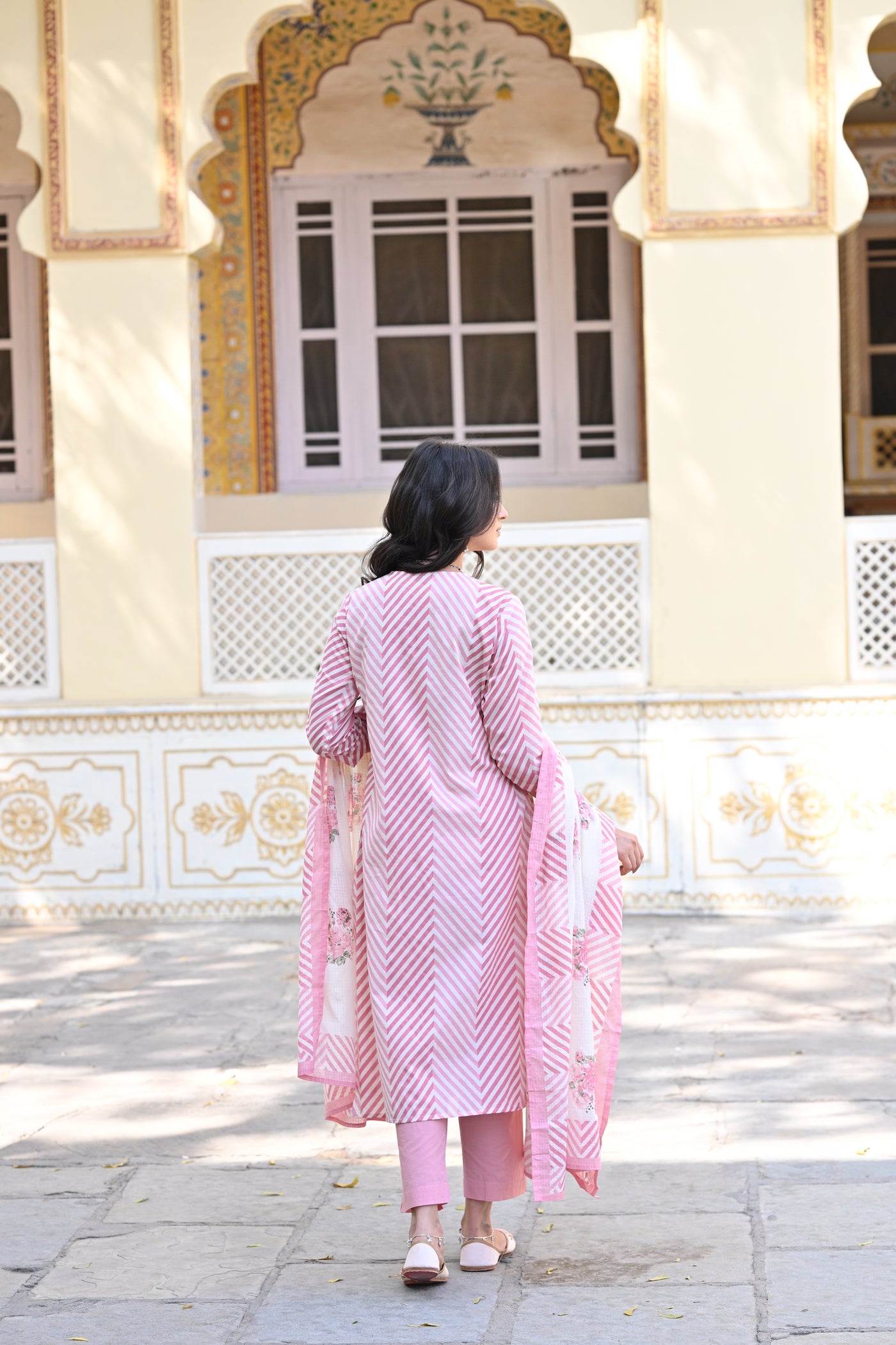 Pink Izra Zigzag Cotton Suit Set with Thread work and Floral Print Kota Doriya Cotton Dupatta