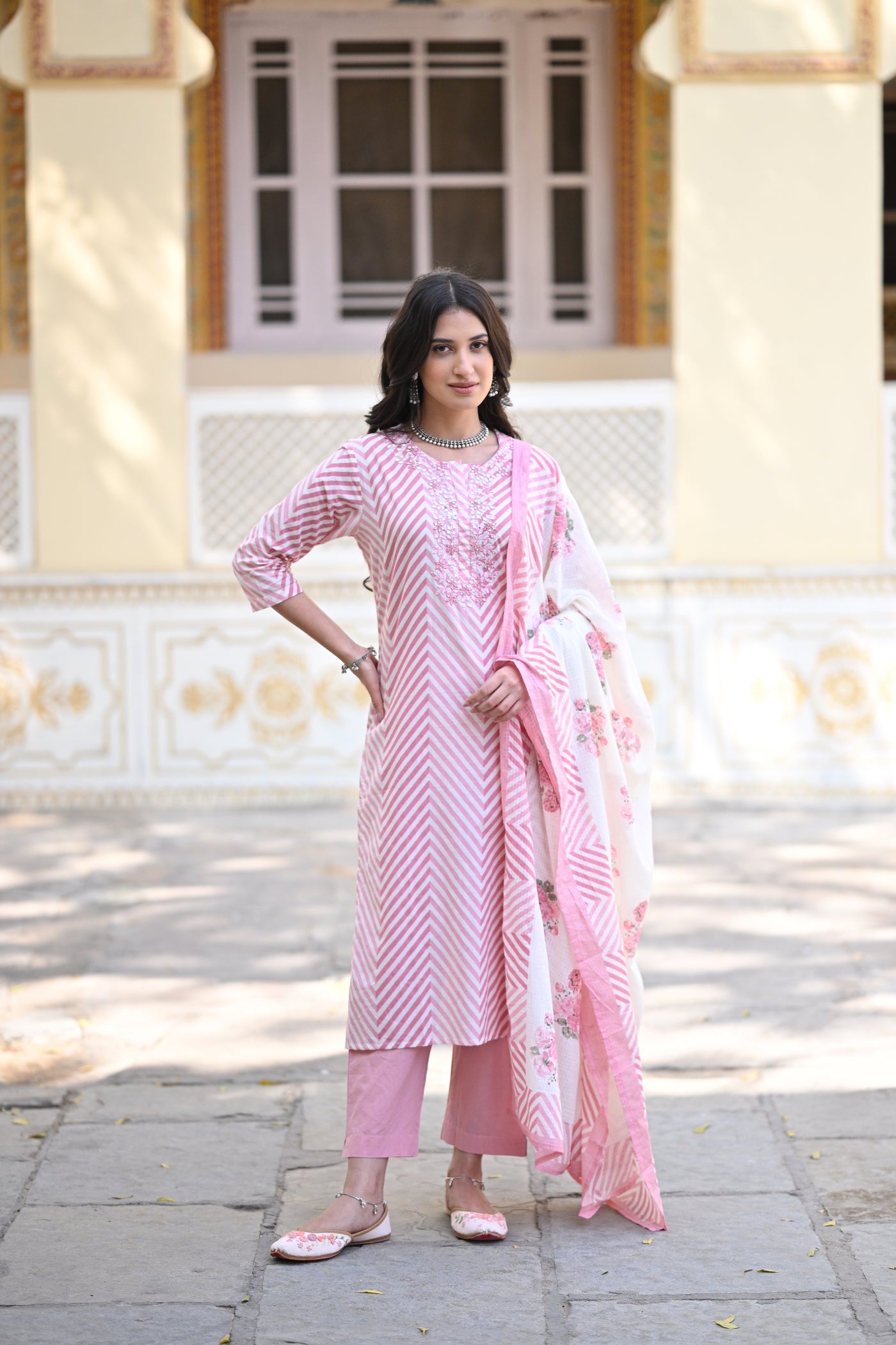 Pink Izra Zigzag Cotton Suit Set with Thread work and Floral Print Kota Doriya Cotton Dupatta