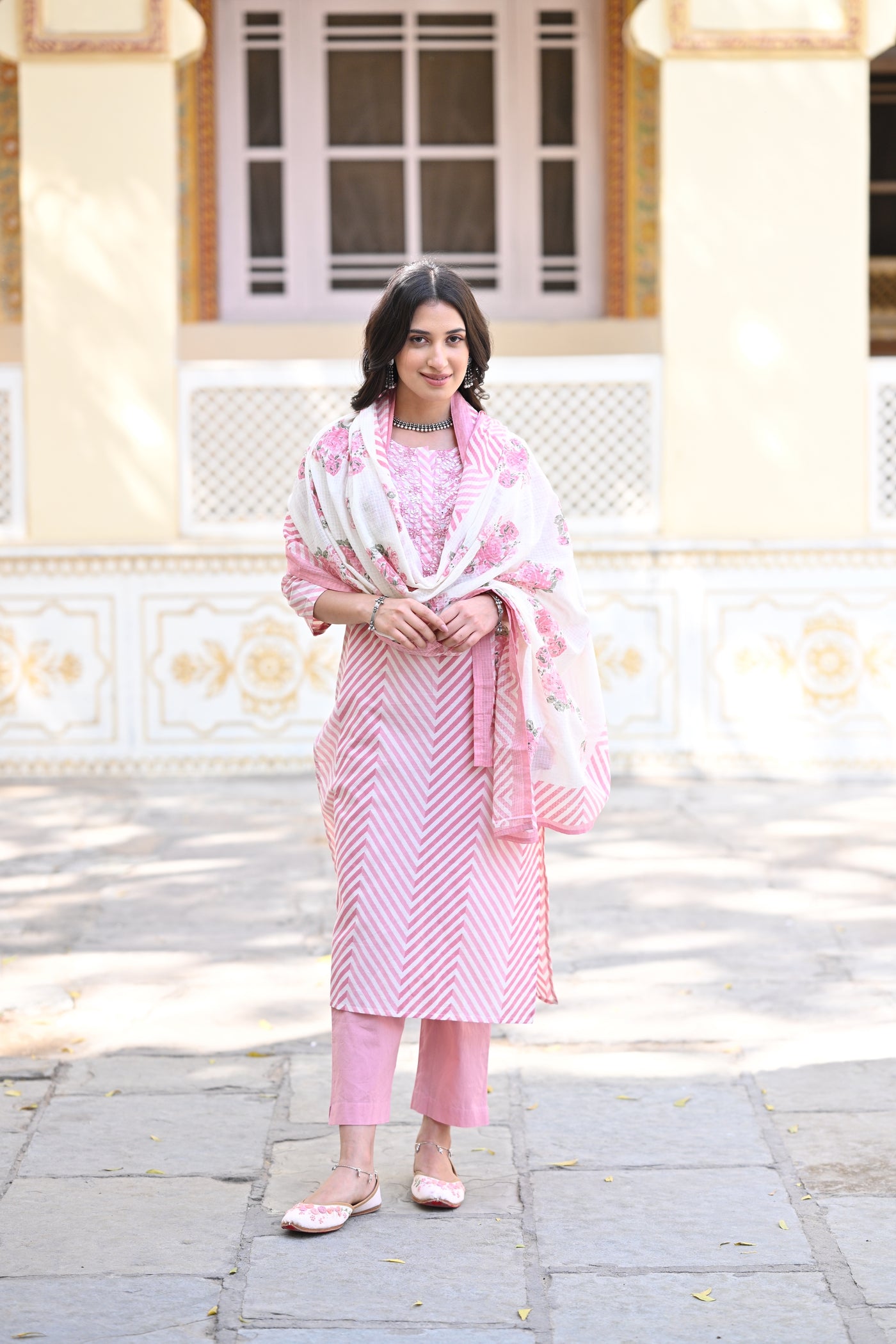 Pink Izra Zigzag Cotton Suit Set with Thread work and Floral Print Kota Doriya Cotton Dupatta