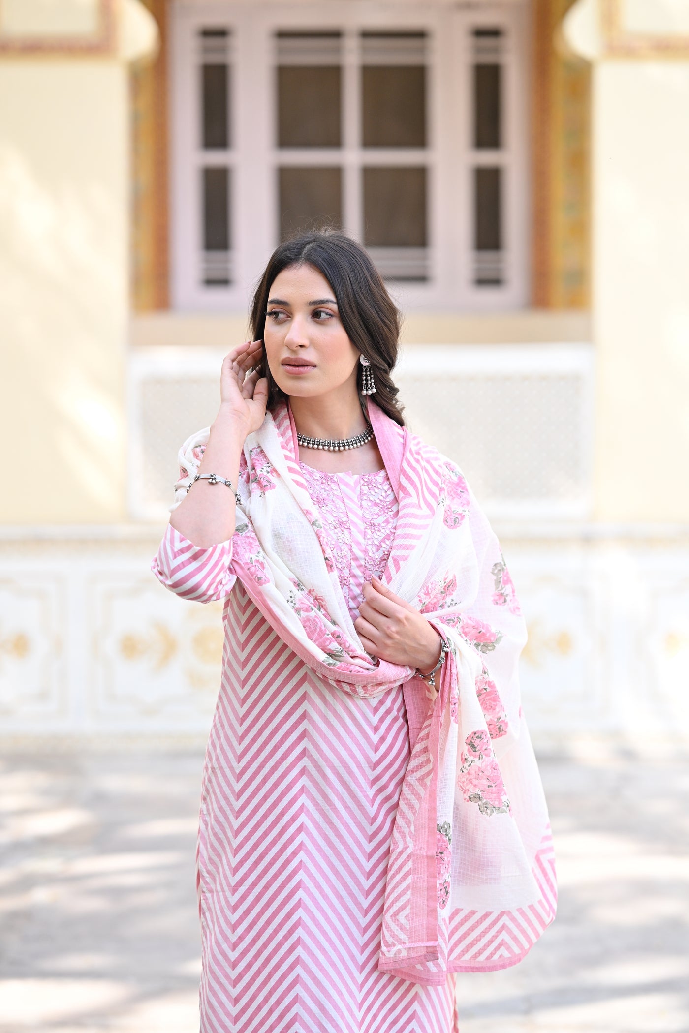 Pink Izra Zigzag Cotton Suit Set with Thread work and Floral Print Kota Doriya Cotton Dupatta