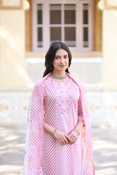 Pink Izra Zigzag Cotton Suit Set with Thread work and Floral Print Kota Doriya Cotton Dupatta