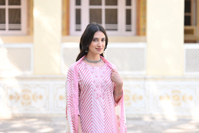 Pink Izra Zigzag Cotton Suit Set with Thread work and Floral Print Kota Doriya Cotton Dupatta