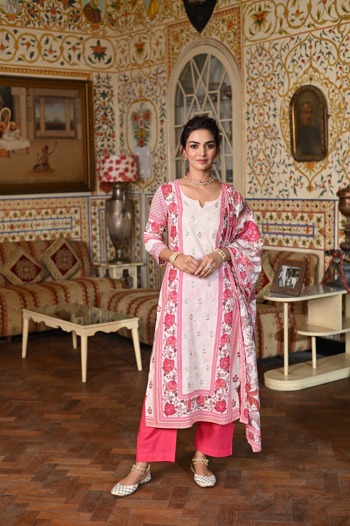 Izra Panel Print Cotton Suit Set with Spread Work