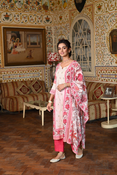 Izra Panel Print Cotton Suit Set with Spread Work