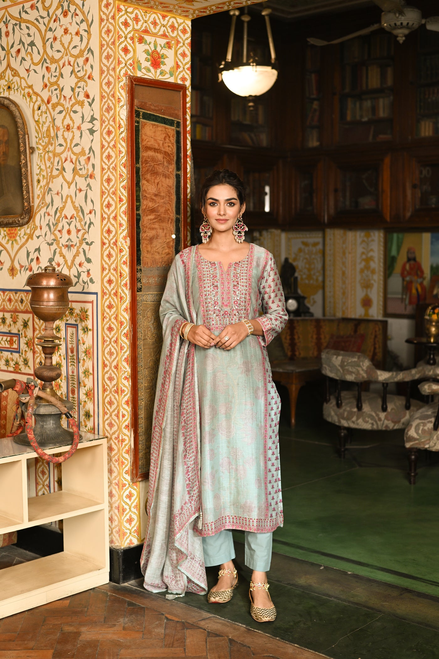 Blue Block Print Chanderi Suit