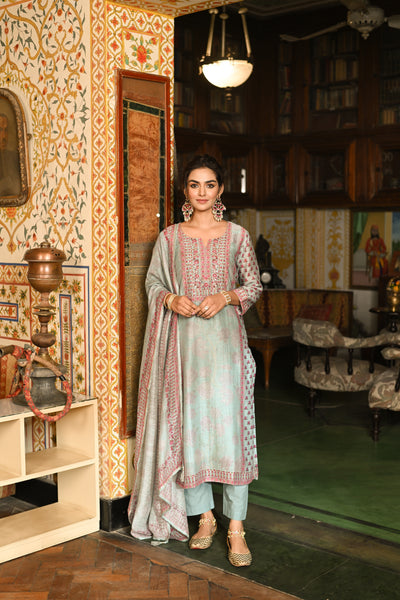 Blue Block Print Chanderi Suit