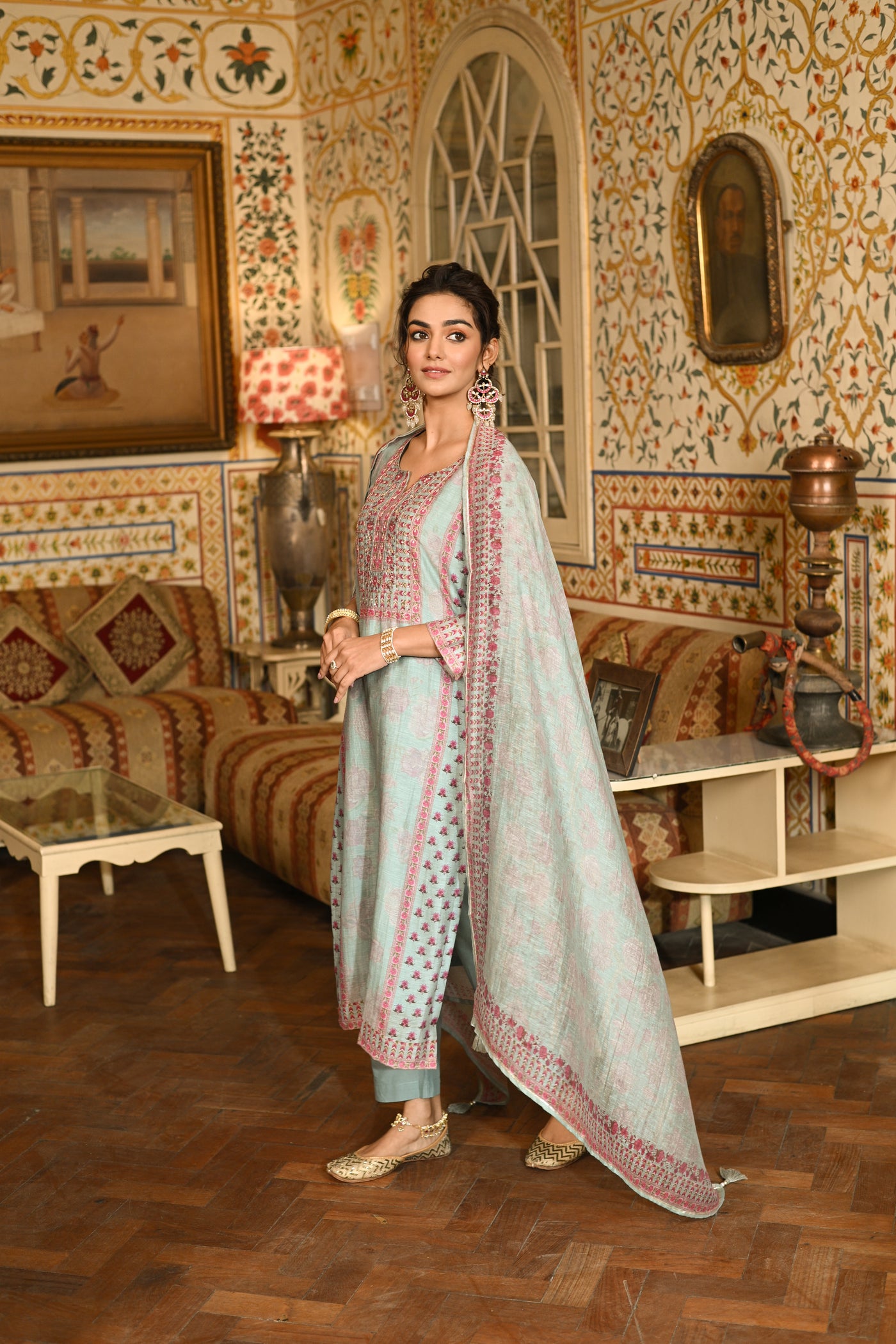 Blue Block Print Chanderi Suit