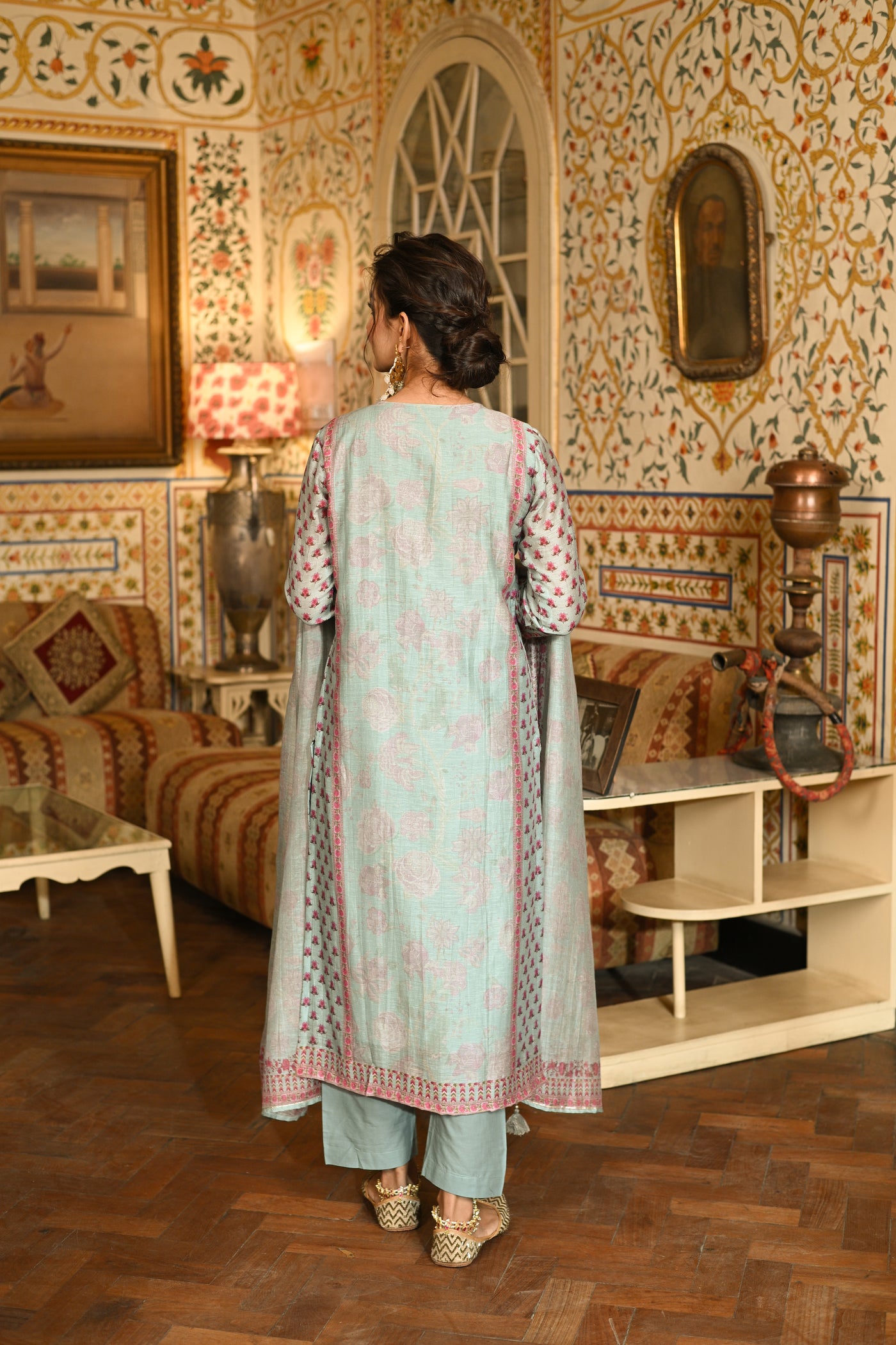 Blue Block Print Chanderi Suit