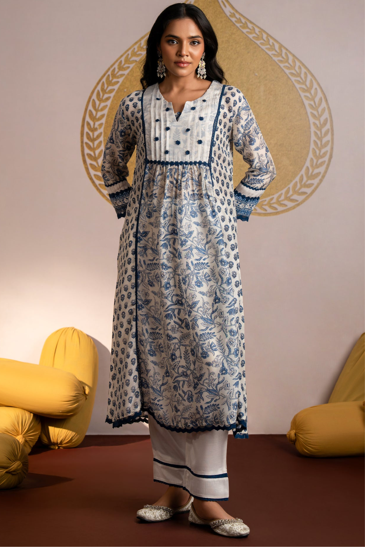 White Indigo Block Print Pure Muslin Kurta Set with Lace and Beads Work