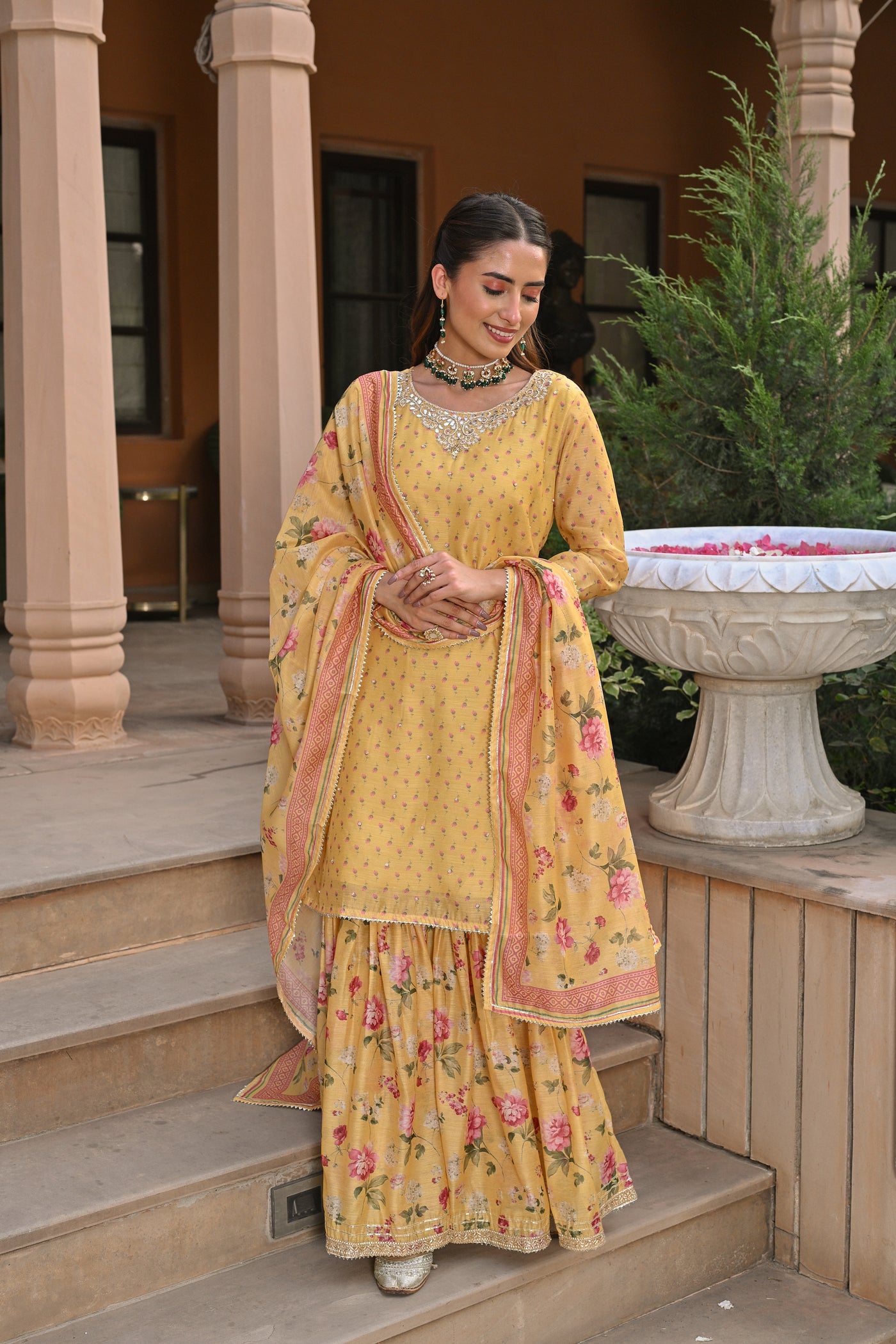 Yellow Ikhtiyar Small Buti Sharara Set with Floral Dupatta