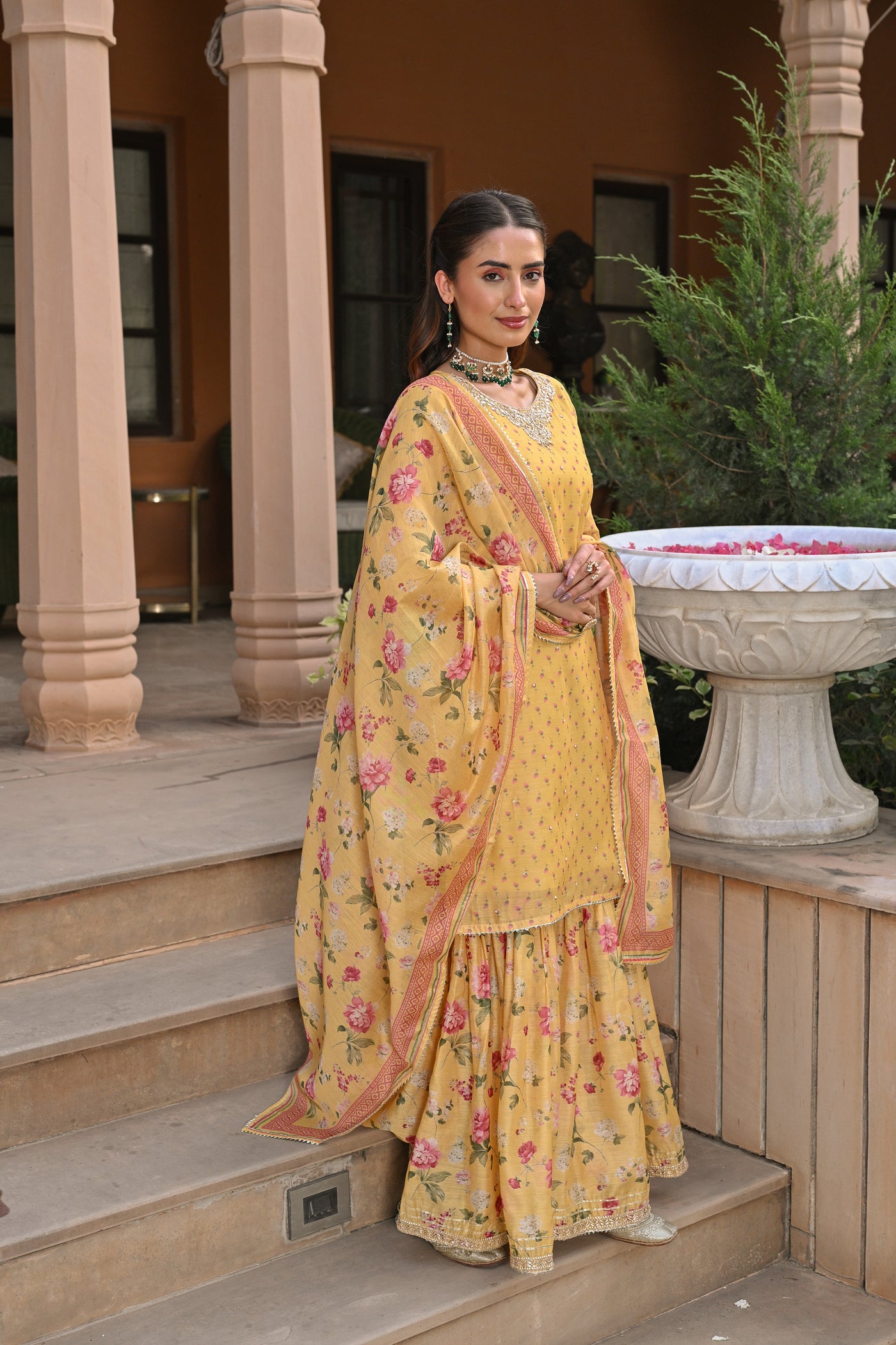 Yellow Ikhtiyar Small Buti Sharara Set with Floral Dupatta