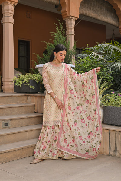 Cream Ikhtiyar Small Buti Sharara Set with Floral Dupatta