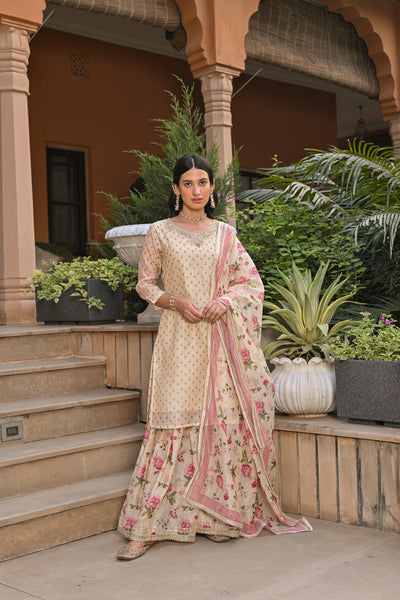 Cream Ikhtiyar Small Buti Sharara Set with Floral Dupatta