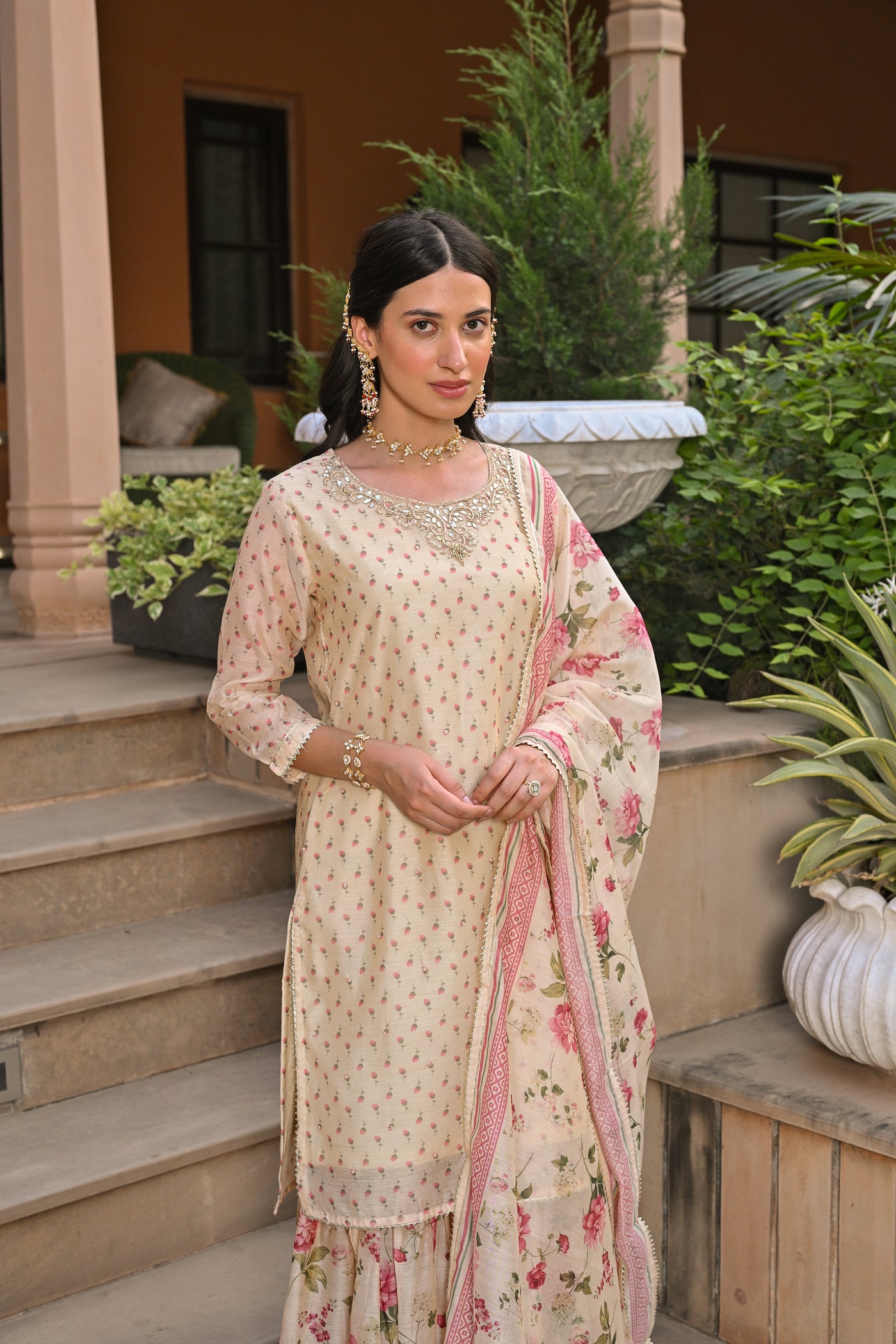 Cream Ikhtiyar Small Buti Sharara Set with Floral Dupatta