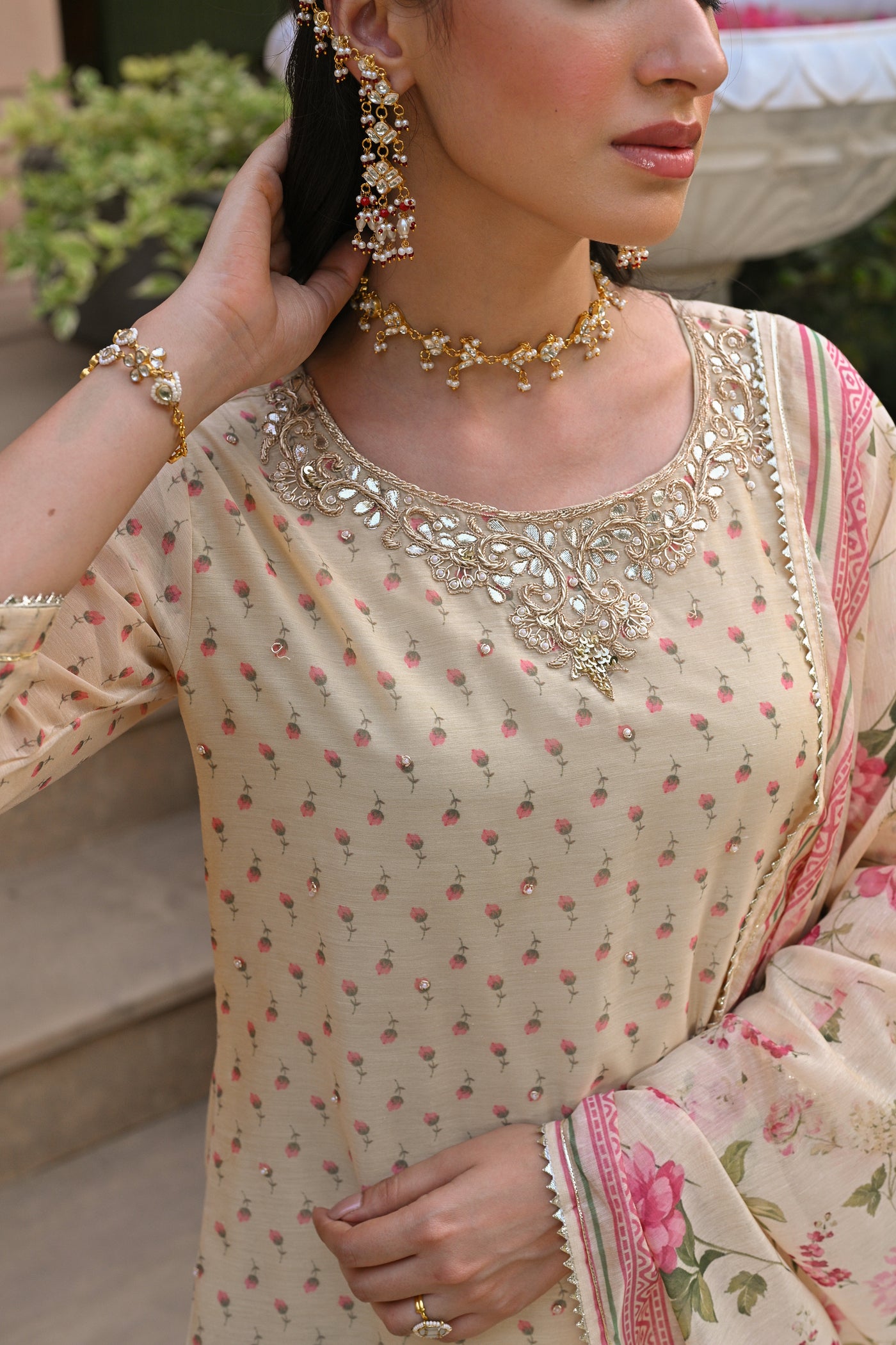 Cream Ikhtiyar Small Buti Sharara Set with Floral Dupatta