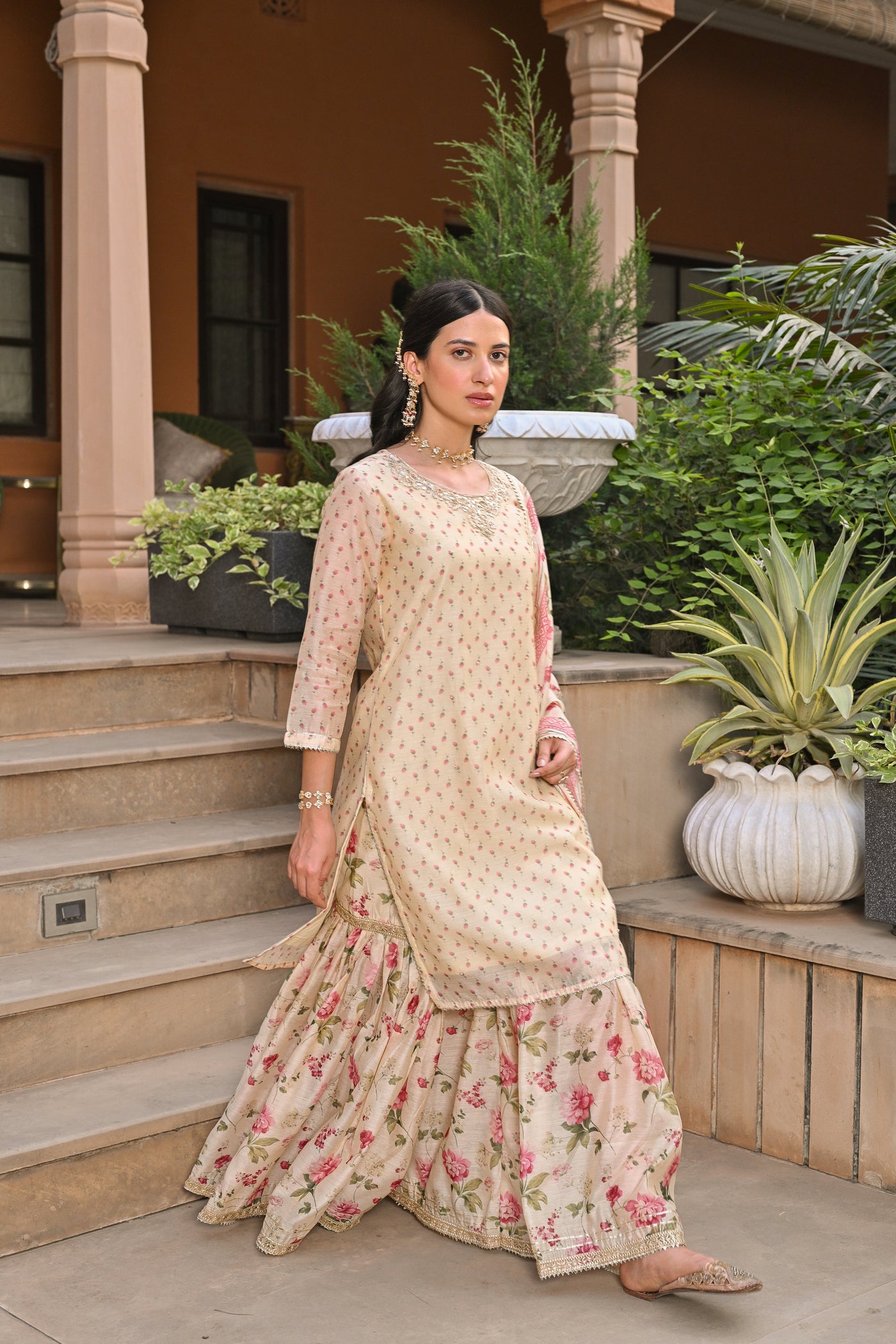 Cream Ikhtiyar Small Buti Sharara Set with Floral Dupatta