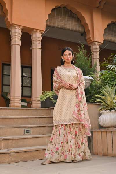 Cream Ikhtiyar Small Buti Sharara Set with Floral Dupatta