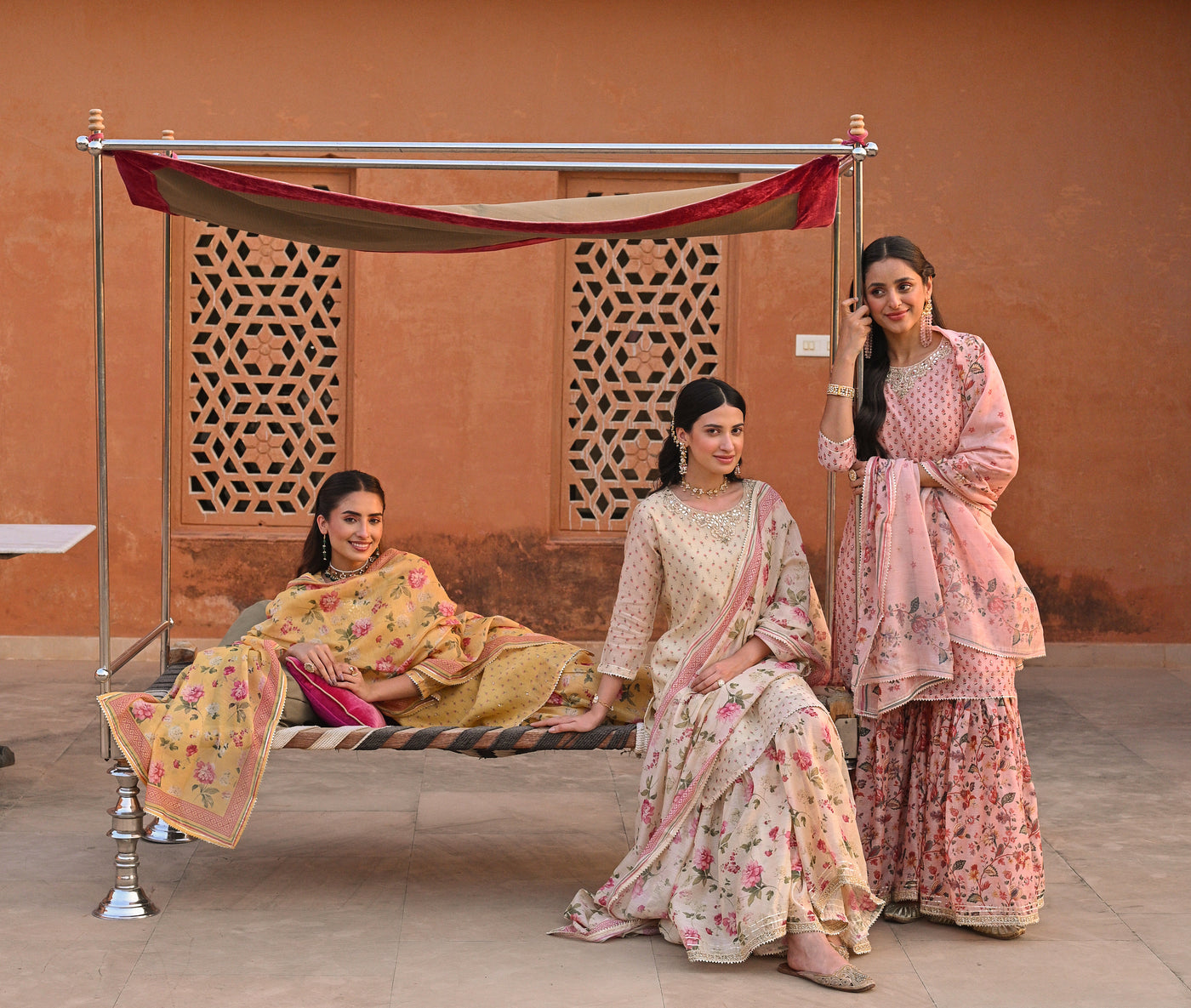 Yellow Ikhtiyar Small Buti Sharara Set with Floral Dupatta