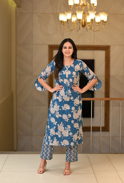 Deep Blue Floral Print Super Soft Cotton Kurta and Pants