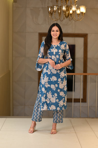 Deep Blue Floral Print Super Soft Cotton Kurta and Pants