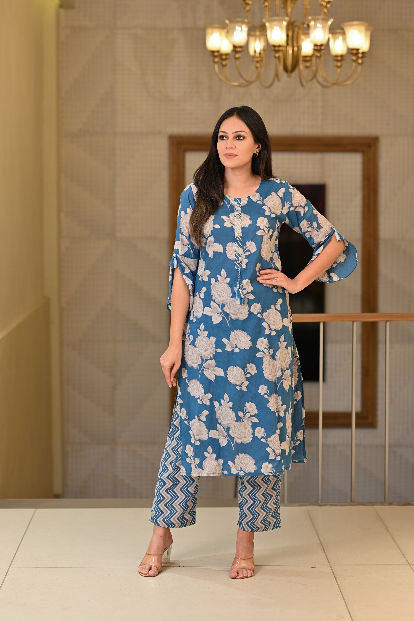 Deep Blue Floral Print Super Soft Cotton Kurta and Pants