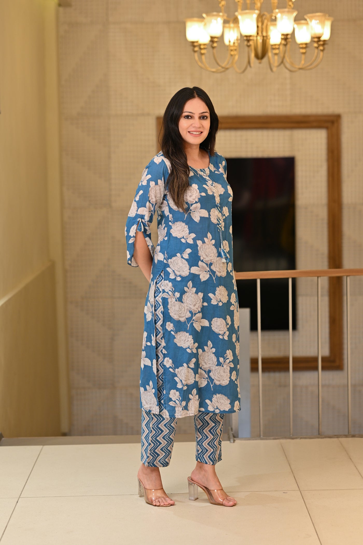 Deep Blue Floral Print Super Soft Cotton Kurta and Pants