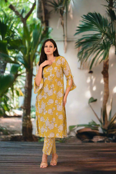 Yellow Floral Print Super Soft Cotton Kurta and Pants