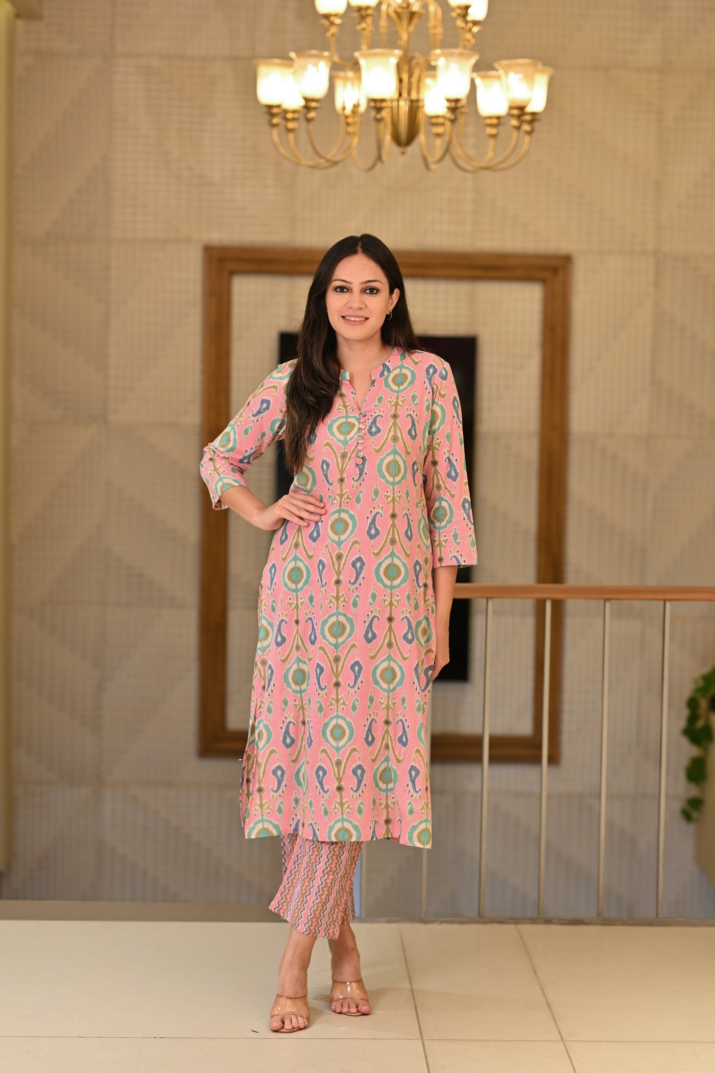 Blush Pink Ikkat Super Soft Cotton Kurta Pant Set