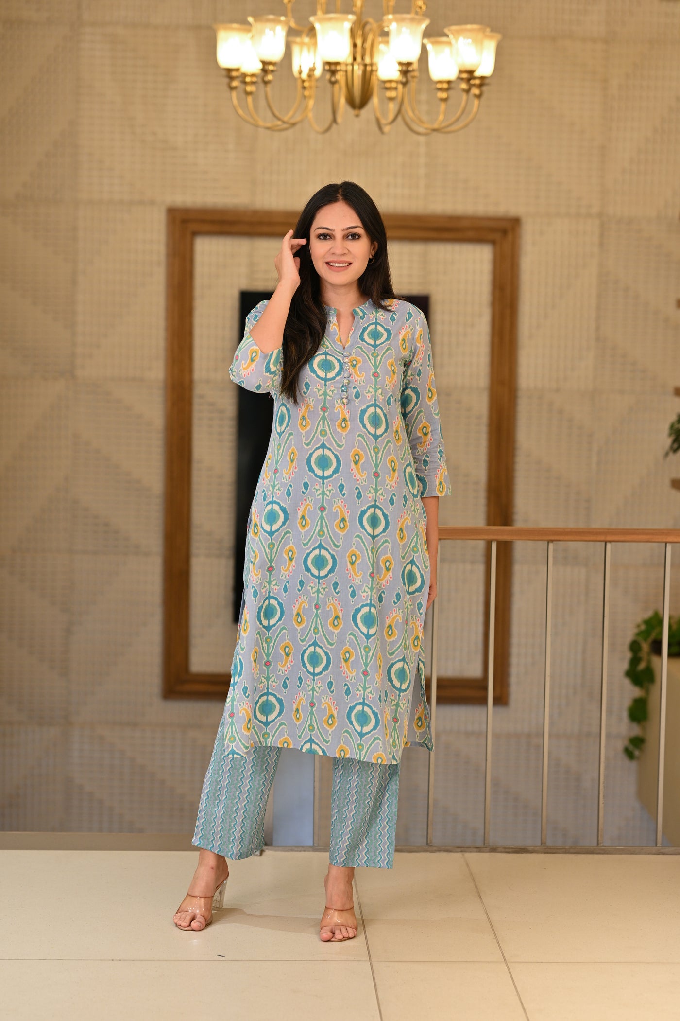 Powder Blue Ikkat Super Soft  Cotton Kurta Pant Set