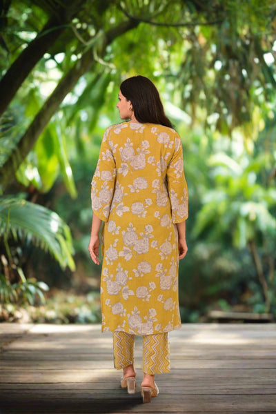 Yellow Floral Print Super Soft Cotton Kurta and Pants