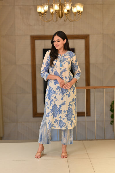 White Base Flamingo Blue  Floral Print Super Soft Cotton Kurta Set