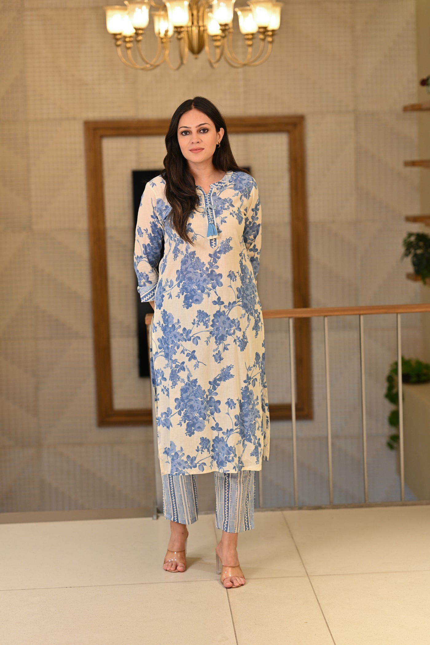 White Base Flamingo Blue  Floral Print Super Soft Cotton Kurta Set