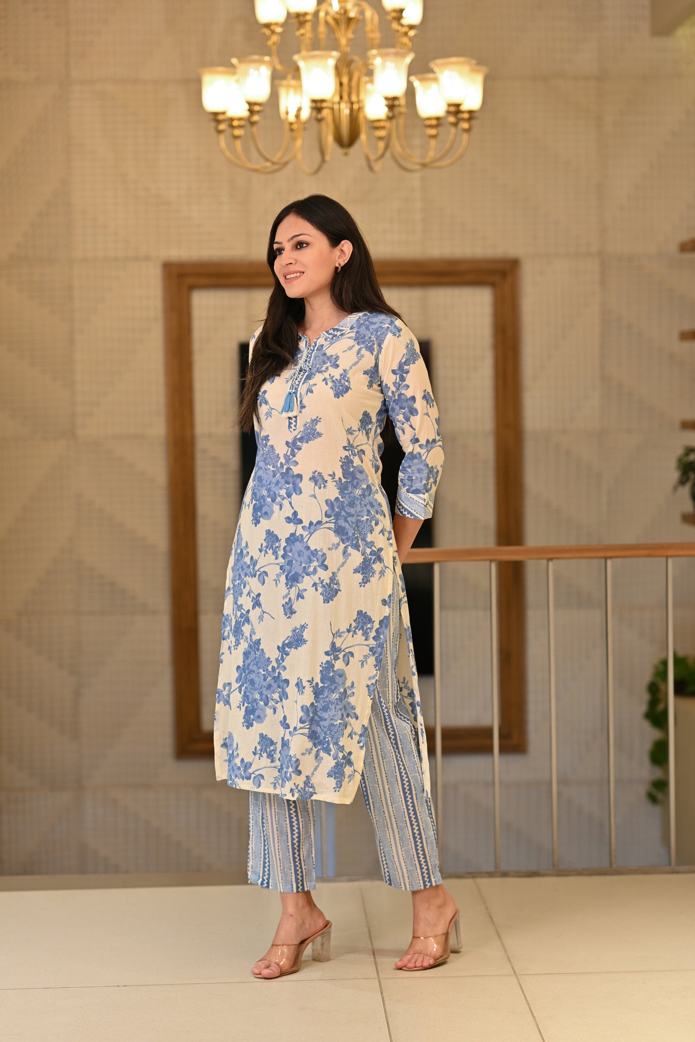 White Base Flamingo Blue  Floral Print Super Soft Cotton Kurta Set