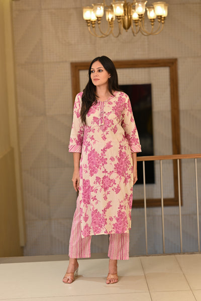 White Base Flamingo Pink  Floral Print Super Soft Cotton Kurta Set