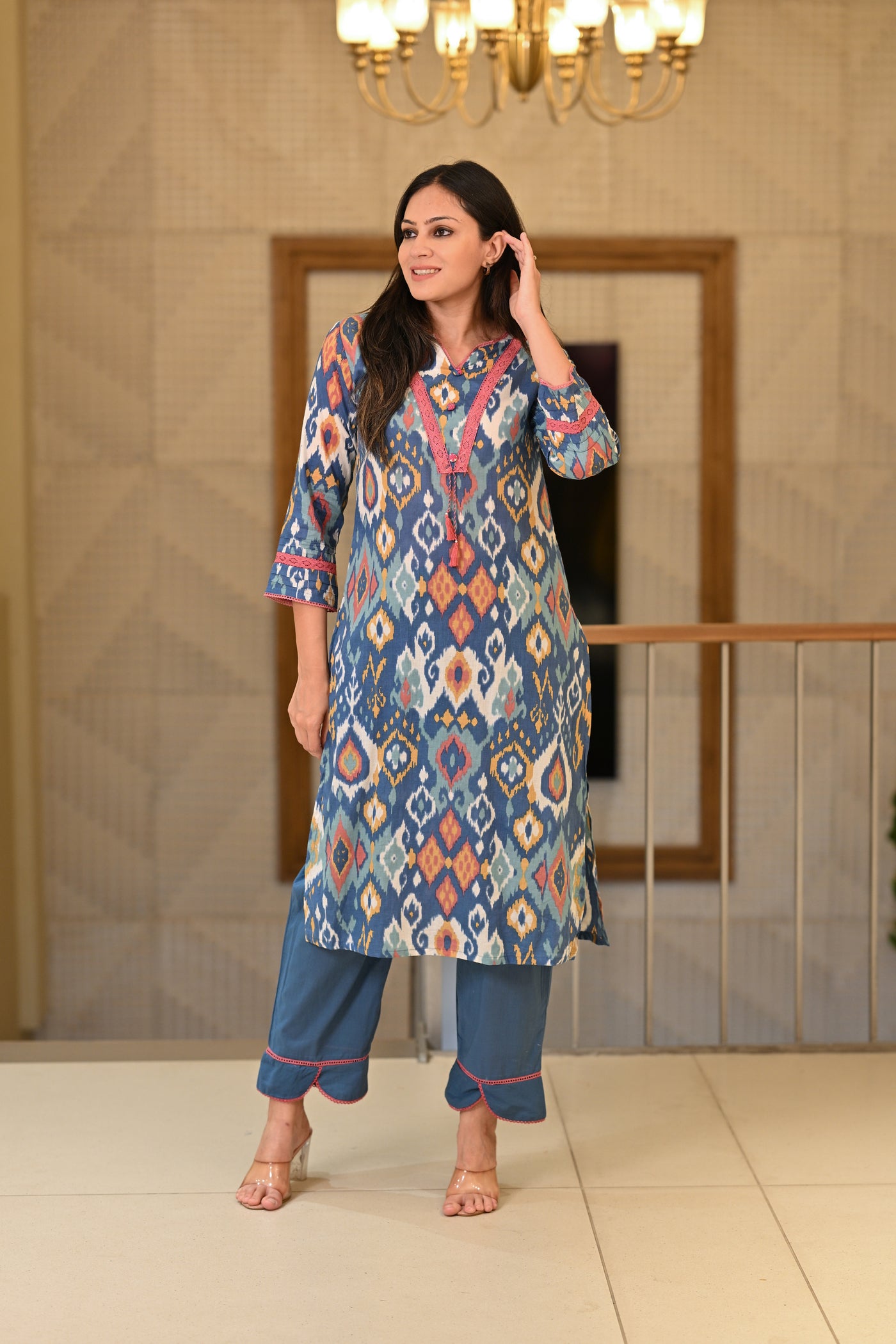 Aegean Blue Ikkat Print Super Soft Cotton Kurta Pant Set