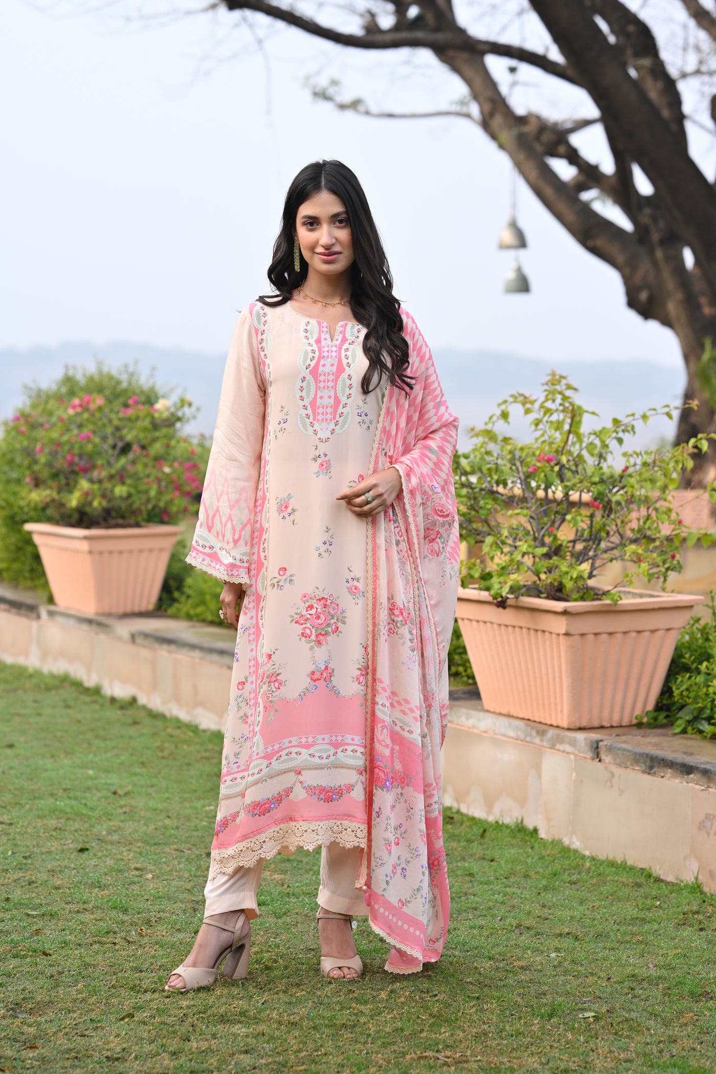 Peach and Pink Breezy Summer Lacy Suit Set