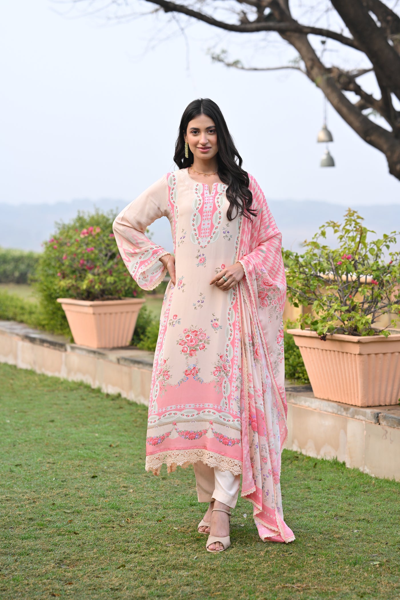 Peach and Pink Breezy Summer Lacy Suit Set