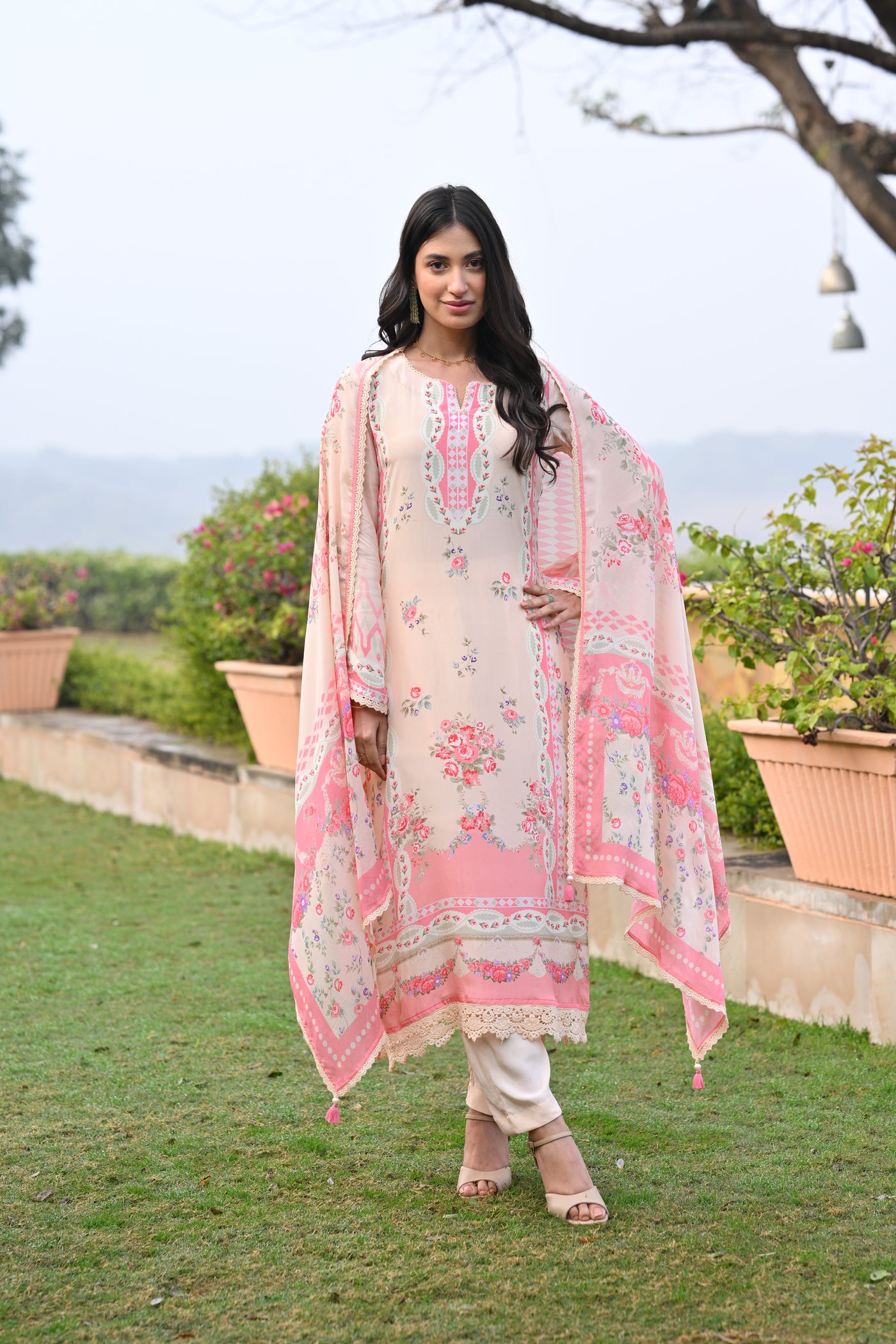 Peach and Pink Breezy Summer Lacy Suit Set